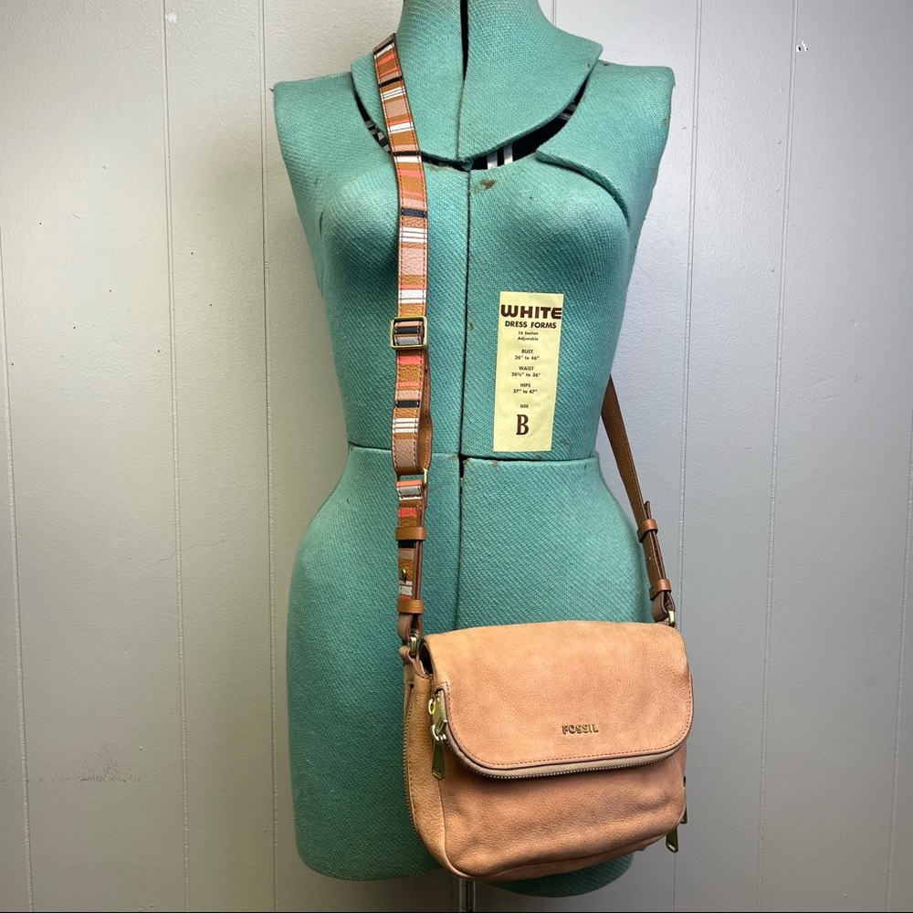 Fossil Preston Leather Shell Blush Foldover Zipper Flap Expandable Crossbody Bag